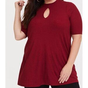 Torrid Top Womens 2X Red Ribbed Knit Mock Neck Keyhole Tunic Stretchy Boho